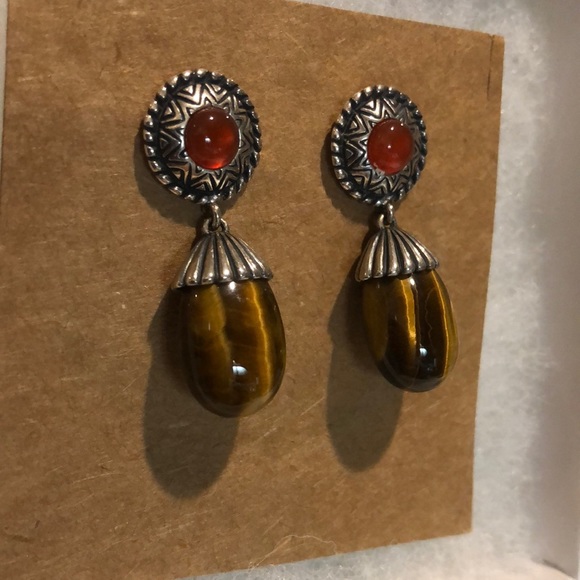CAROLYN POLLACK Sterling Silver Tigers Eye Red Garnet Drop Dangle Earrings - Picture 9 of 10